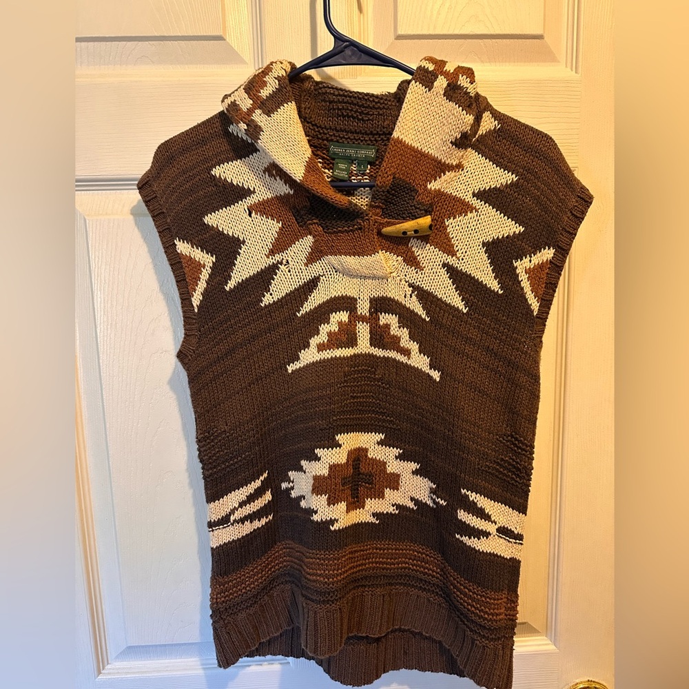 Green Label Ralph Lauren Chocolate and Ivory Cowl Neck Sweater Vest, Small